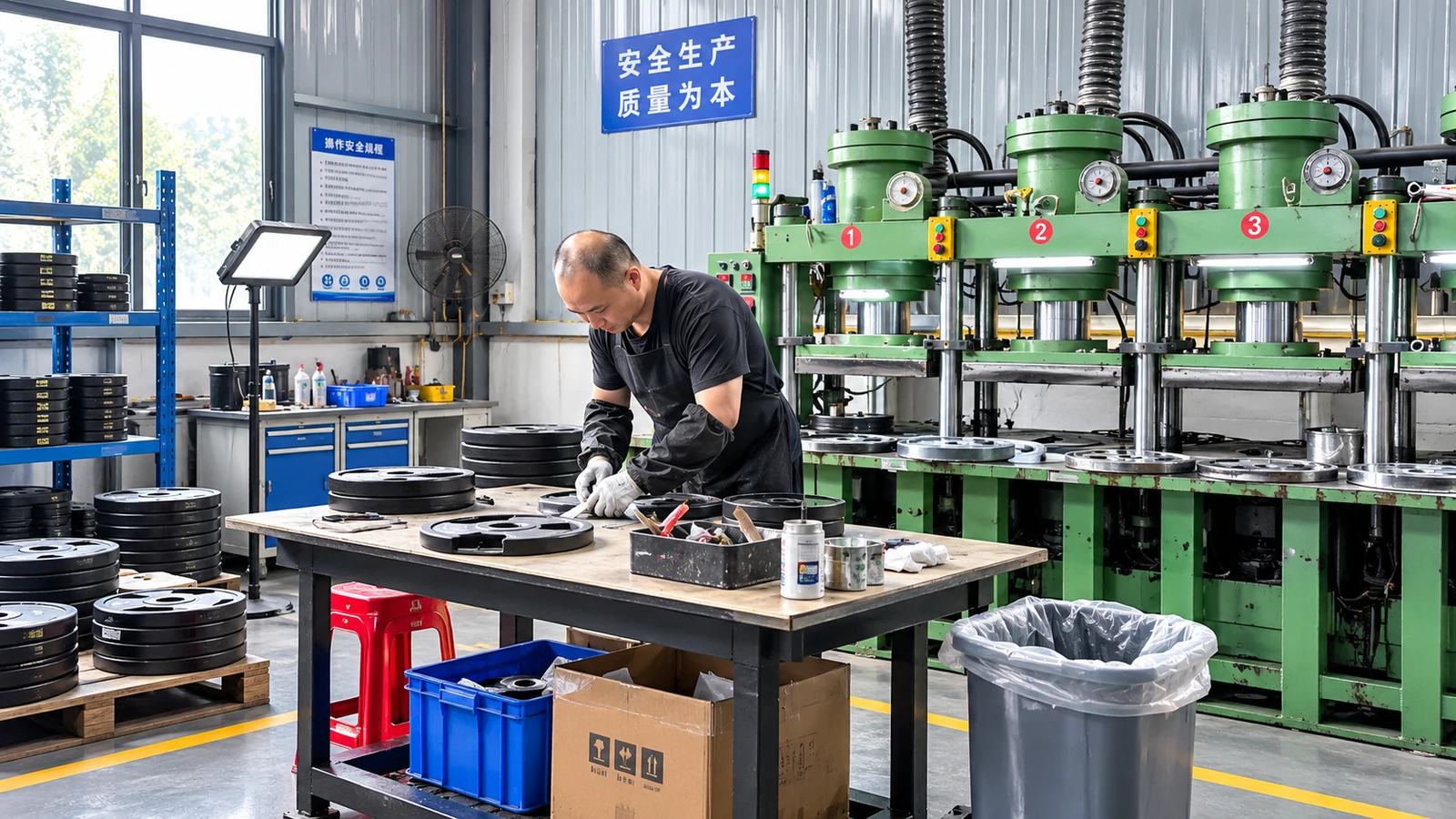 Inspection bench where weight plates are checked for finish and dimension before packing