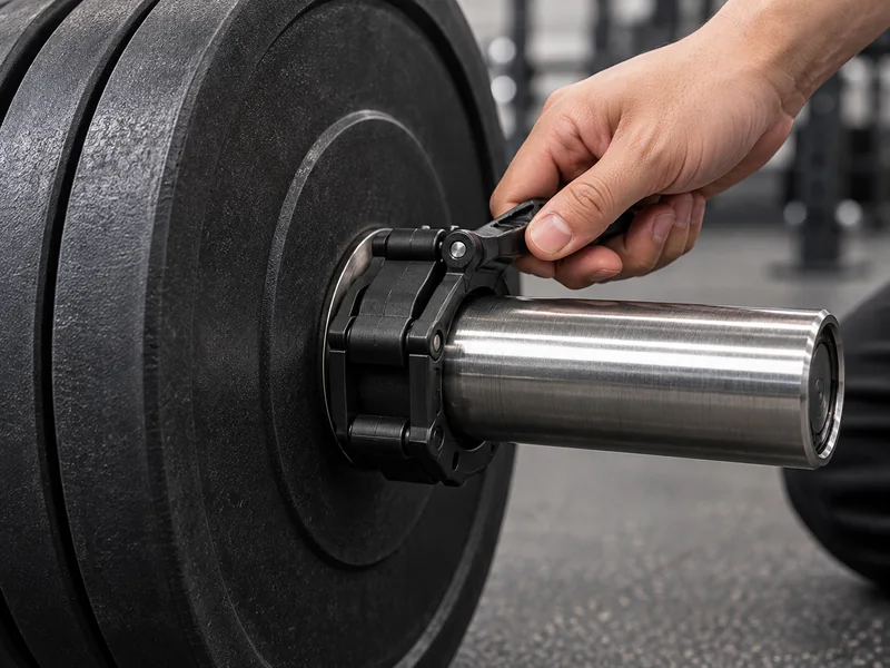 IRONHUE collar being locked onto a loaded barbell sleeve