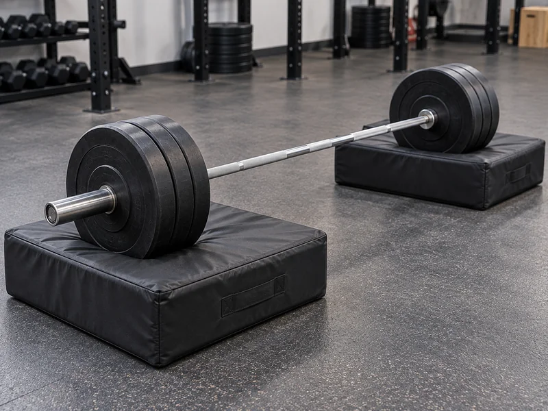 Loaded barbell resting on IRONHUE drop pads