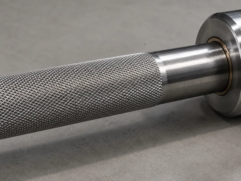 Knurling detail on an IRONHUE Olympic barbell shaft