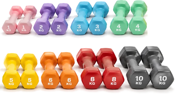 Full colour range of IRONHUE vinyl dumbbells from 1 kg to 10 kg